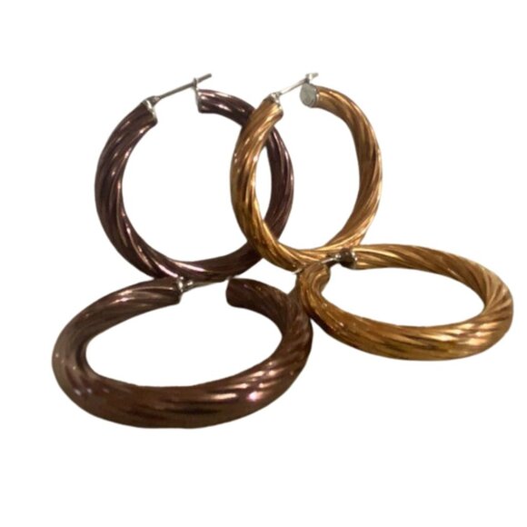 Twisted Rope Hoop Earrings, 2 Pairs, Stainless Steel Gold/Brown Tone - Picture 3 of 9